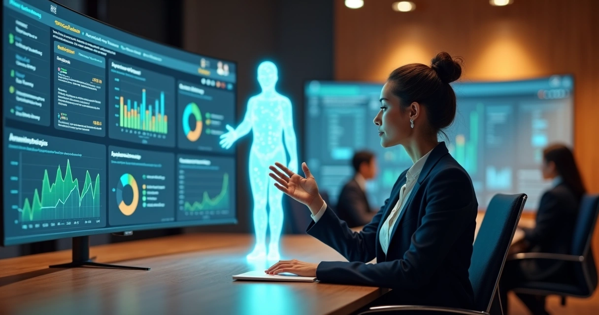 Executiva e assistente virtual interagindo em painel de CRM com IA 