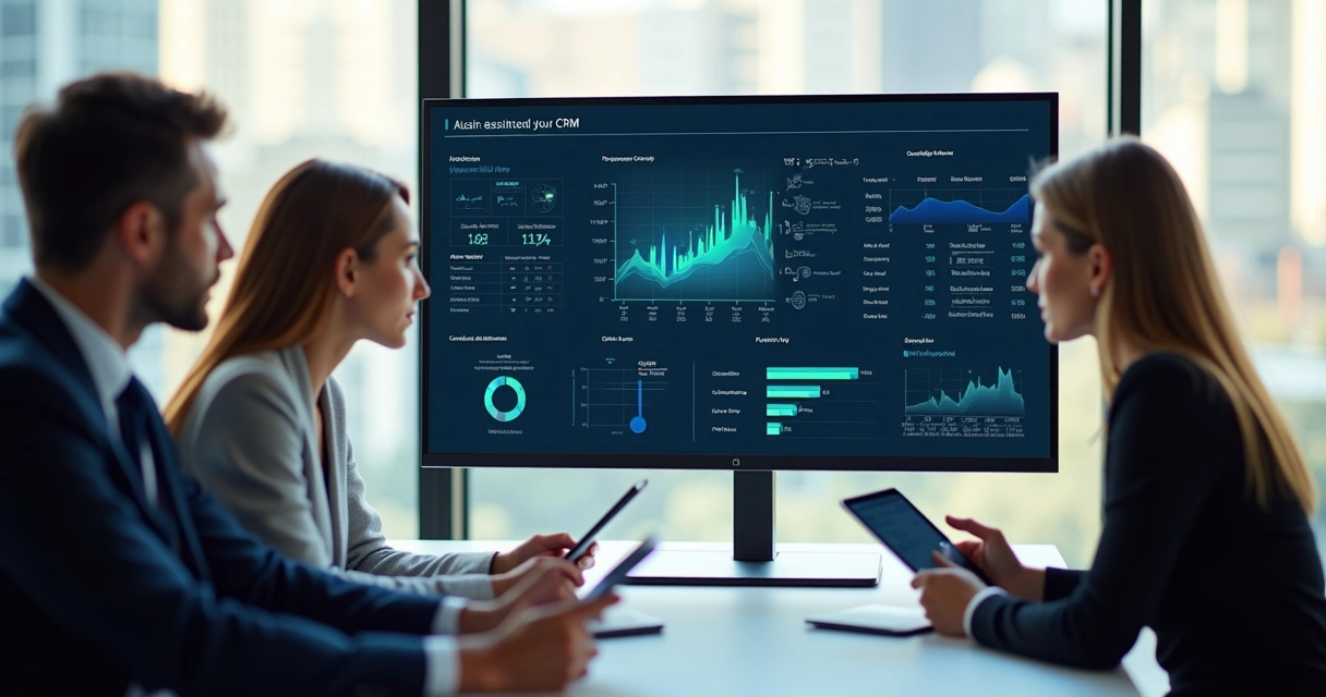 Painel de CRM com gráficos, funil de vendas e IA destacada em tela moderna 