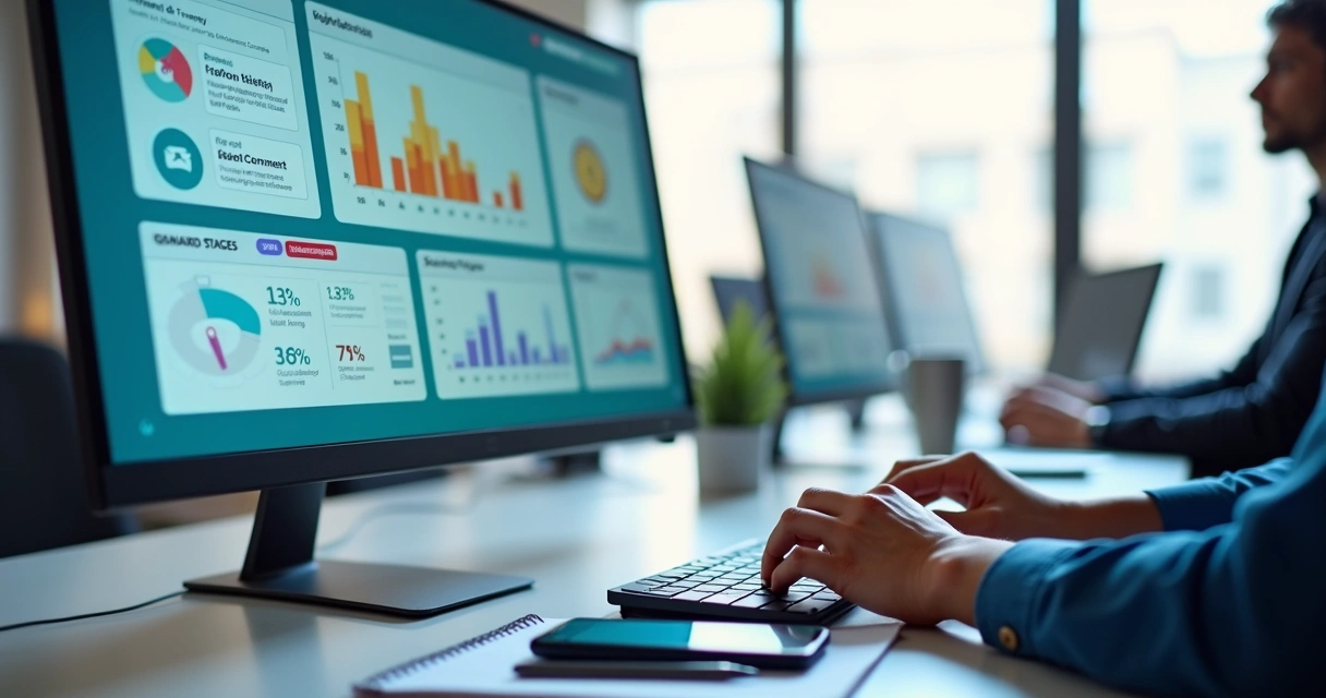 Painel de CRM com assistente virtual de IA organizando leads de vendas 