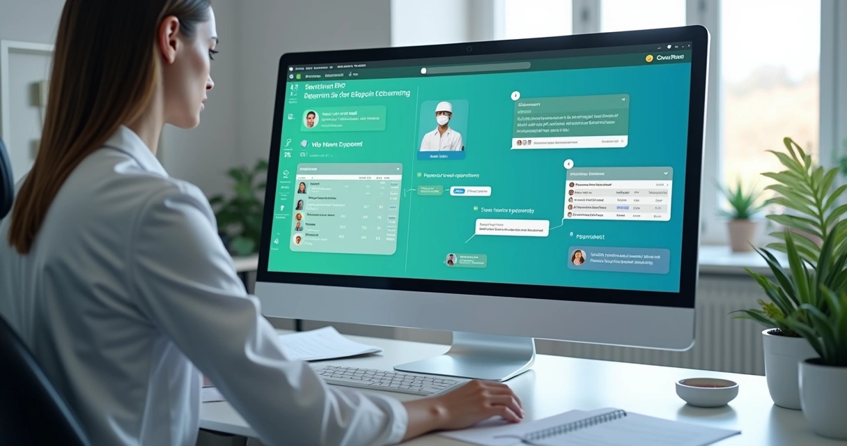 Tela de CRM e chat de IA em computador em clínica odontológica, com agendamentos visíveis 