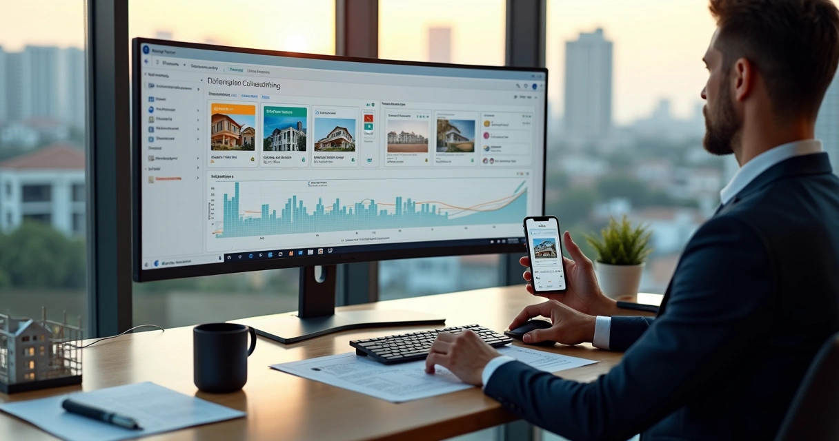 Gestor de imobiliária usando painel de CRM com IA destacando imóveis e funil de leads 