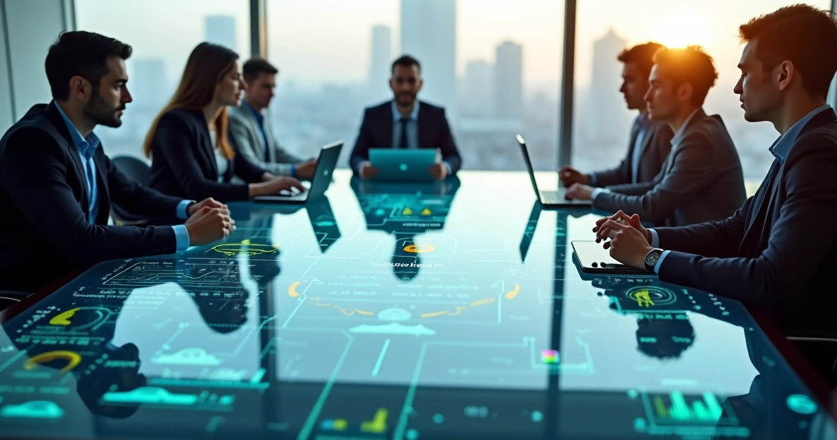 Equipe de vendas reunida em mesa em volta de painel digital com funil e ícones de IA 