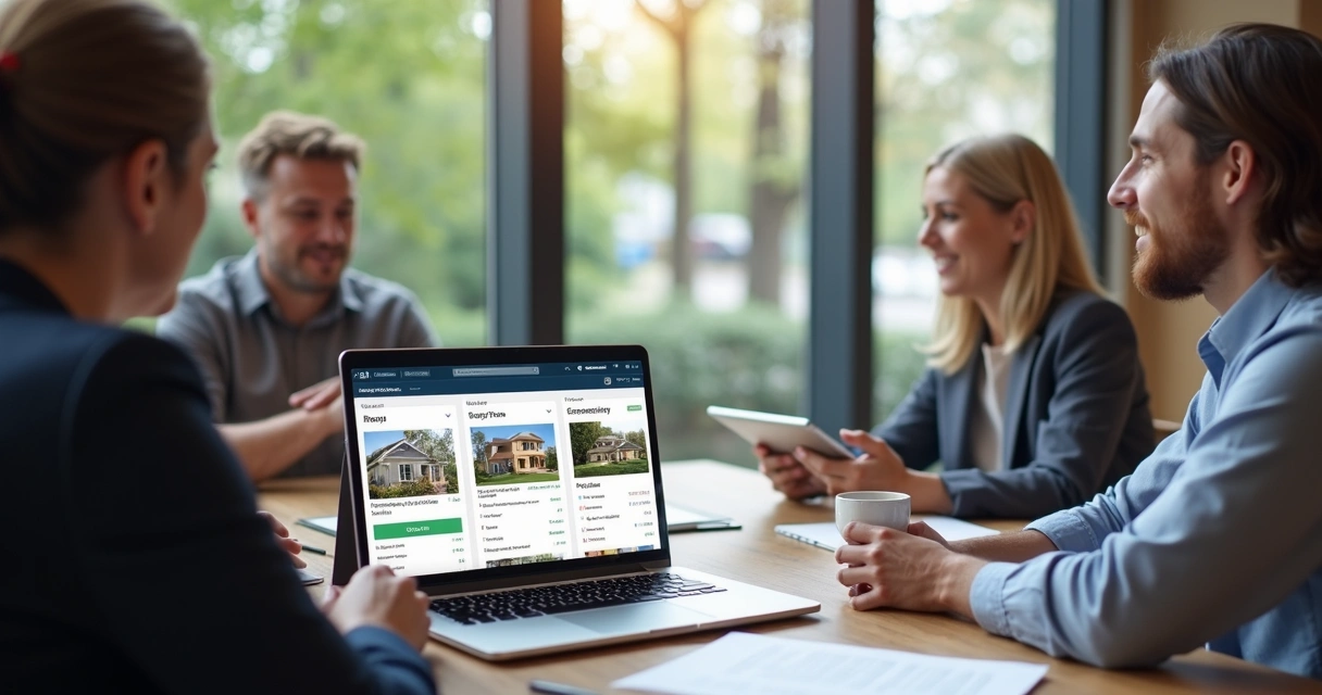 Corretor trabalha com CRM em reunião na imobiliária 