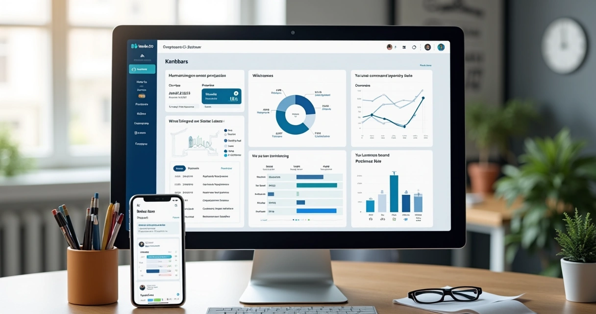 Dashboard de CRM imobiliário com funil de vendas e notificações visíveis 