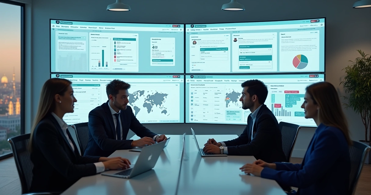 Sistema CRM imobiliário com múltiplos corretores em frente a painéis virtuais de vendas 