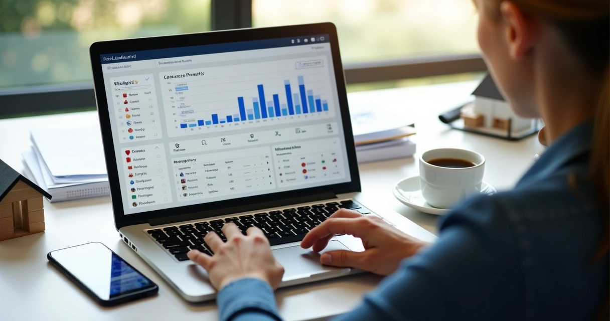 Corretor usando CRM imobiliário em notebook e celular em escritório moderno 