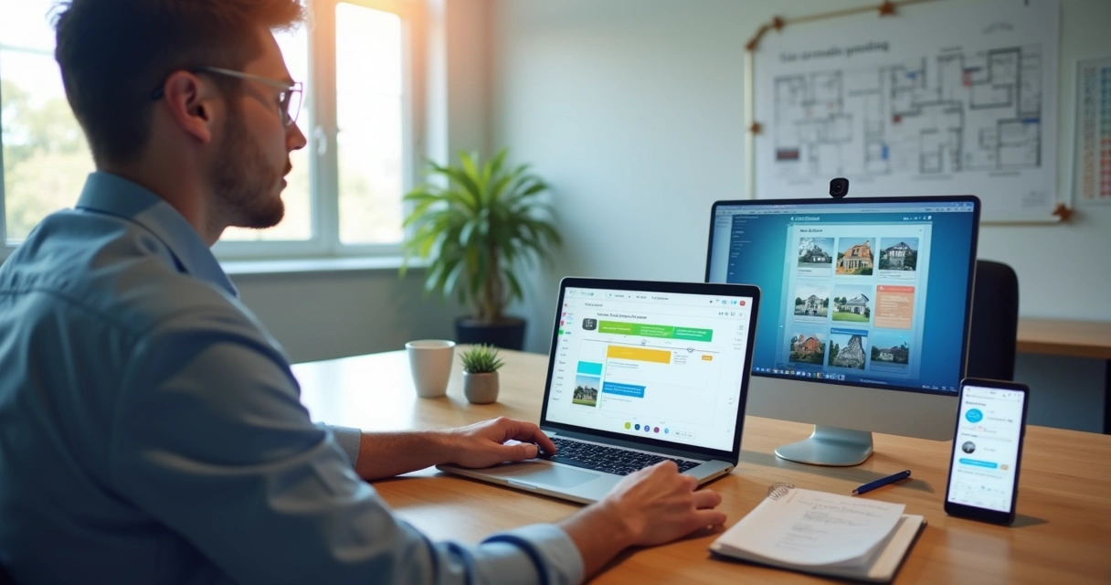 Corretor autônomo usando CRM imobiliário no notebook e celular em mesa de trabalho moderna 