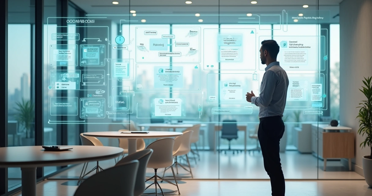 Gestor imobiliário observando mural digital com atualização automática de dados 