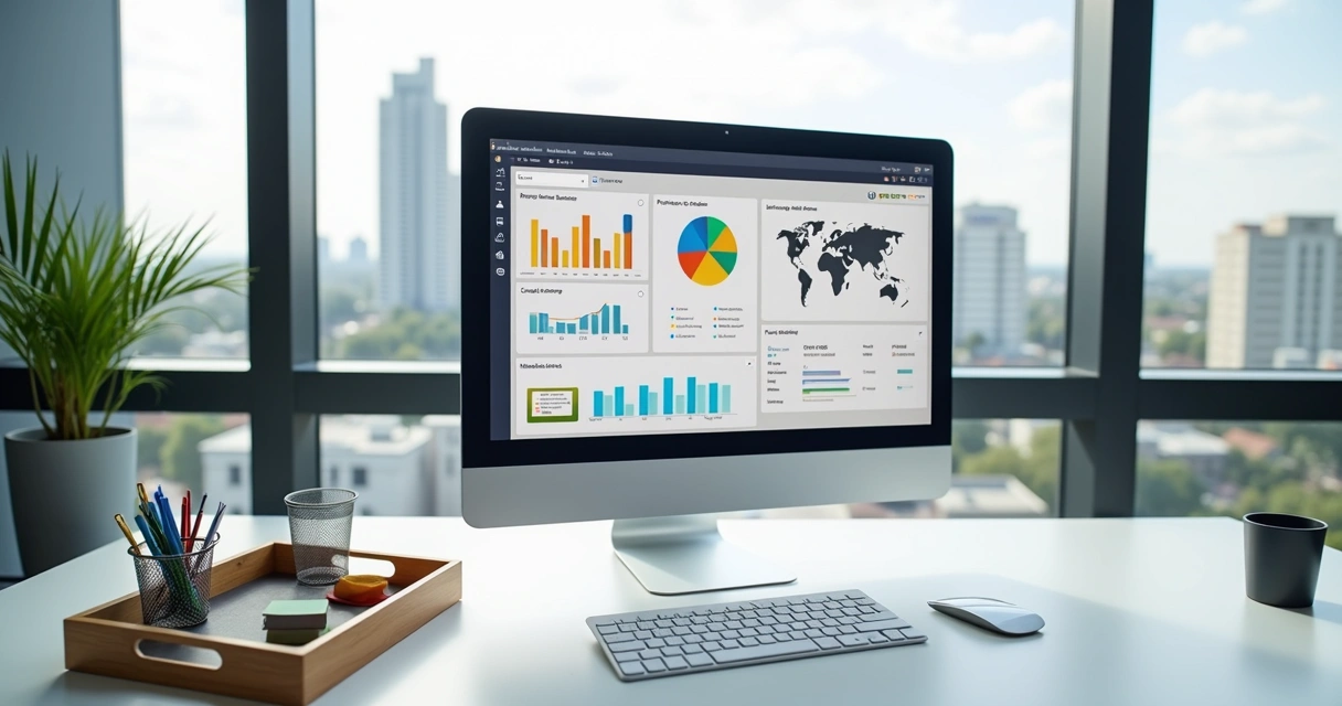 Dashboard de CRM imobiliário exibindo contatos e imóveis no monitor 