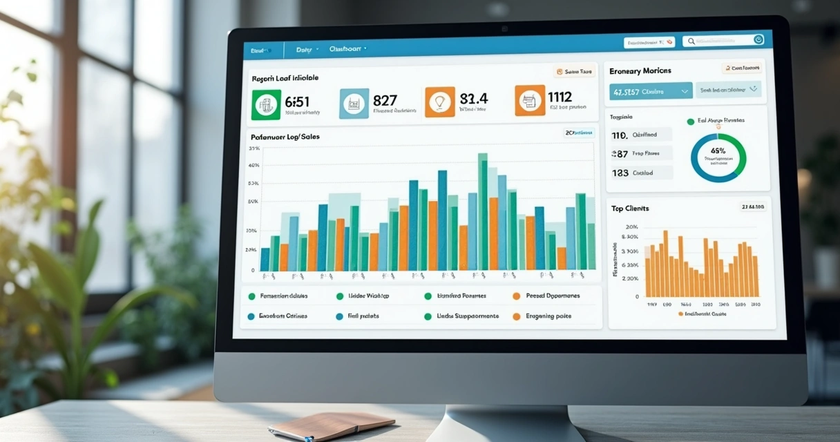 Dashboard de CRM com etapas do funil, gráficos de progresso e lista de clientes em destaque. 