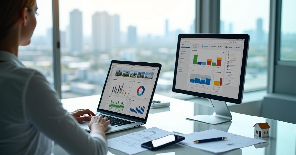 Corretor analisando painel de CRM imobiliário com gráficos em laptop 