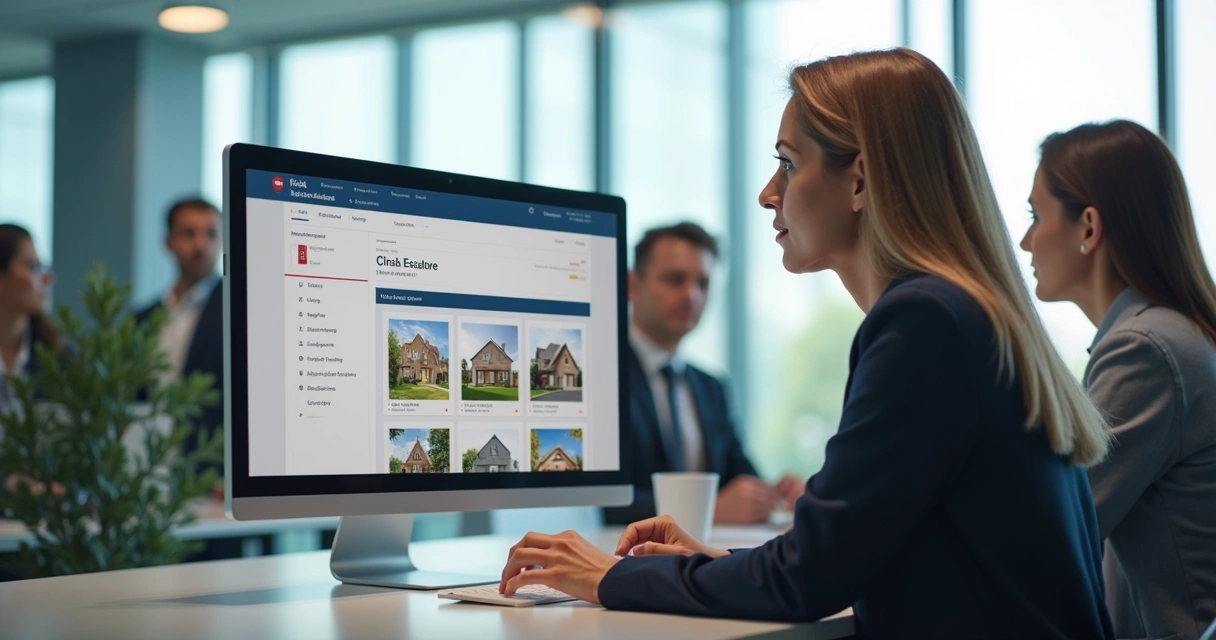 Corretor de imóveis utilizando sistema CRM com equipe analisando dados em escritório moderno