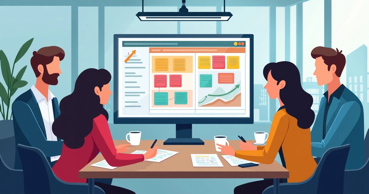 Equipe de vendas imobiliária reunida ao redor de tela com funil Kanban 