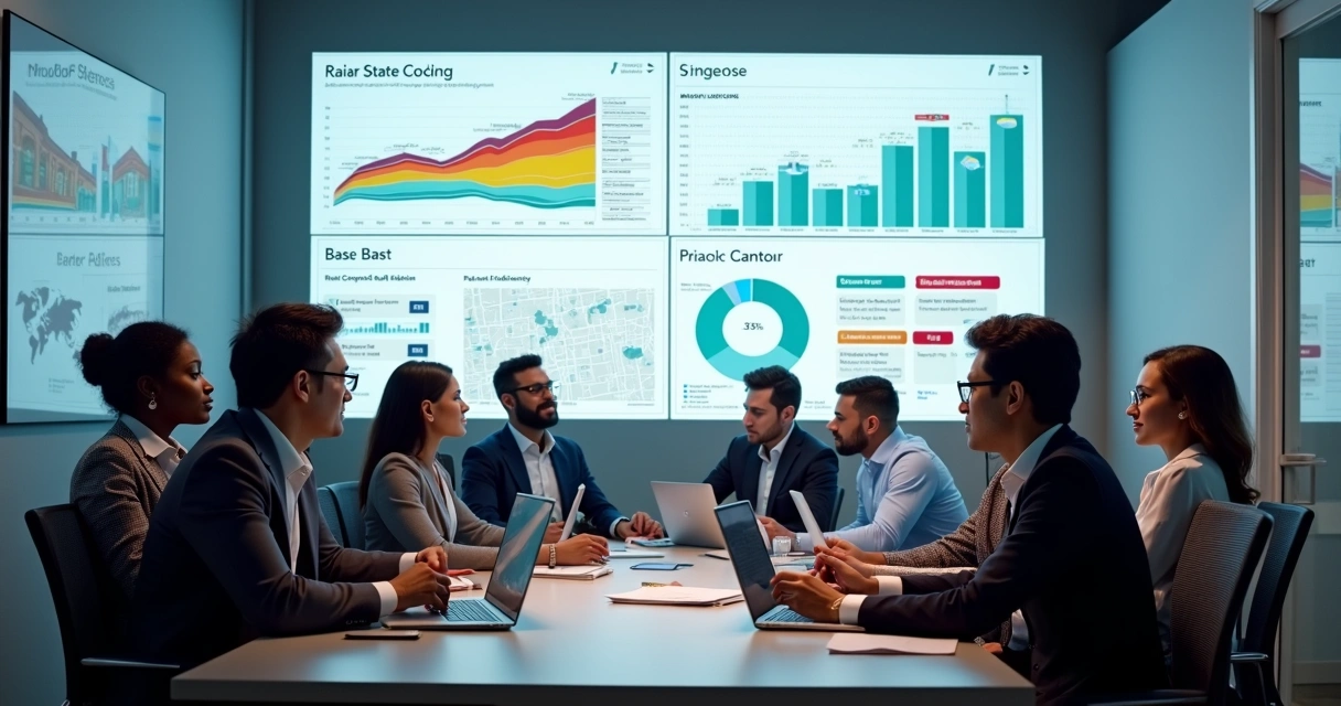 Equipe de vendas reunida em frente a telas mostrando fluxos de CRM imobiliário 