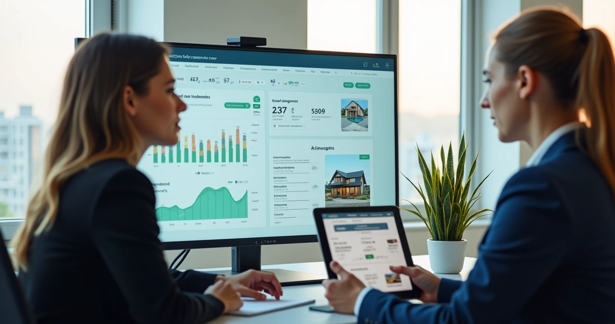 Corretora usando computador com IA para recomendar imóveis 