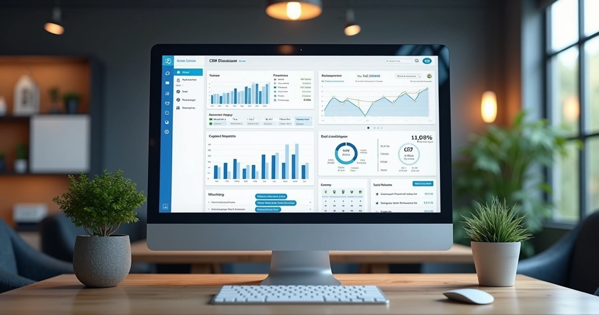 Computador moderno com dashboard de CRM imobiliário integrando inteligência artificial, gráficos de vendas e mensagens automáticas, em ambiente de escritório organizado, com tela clara e elementos tec