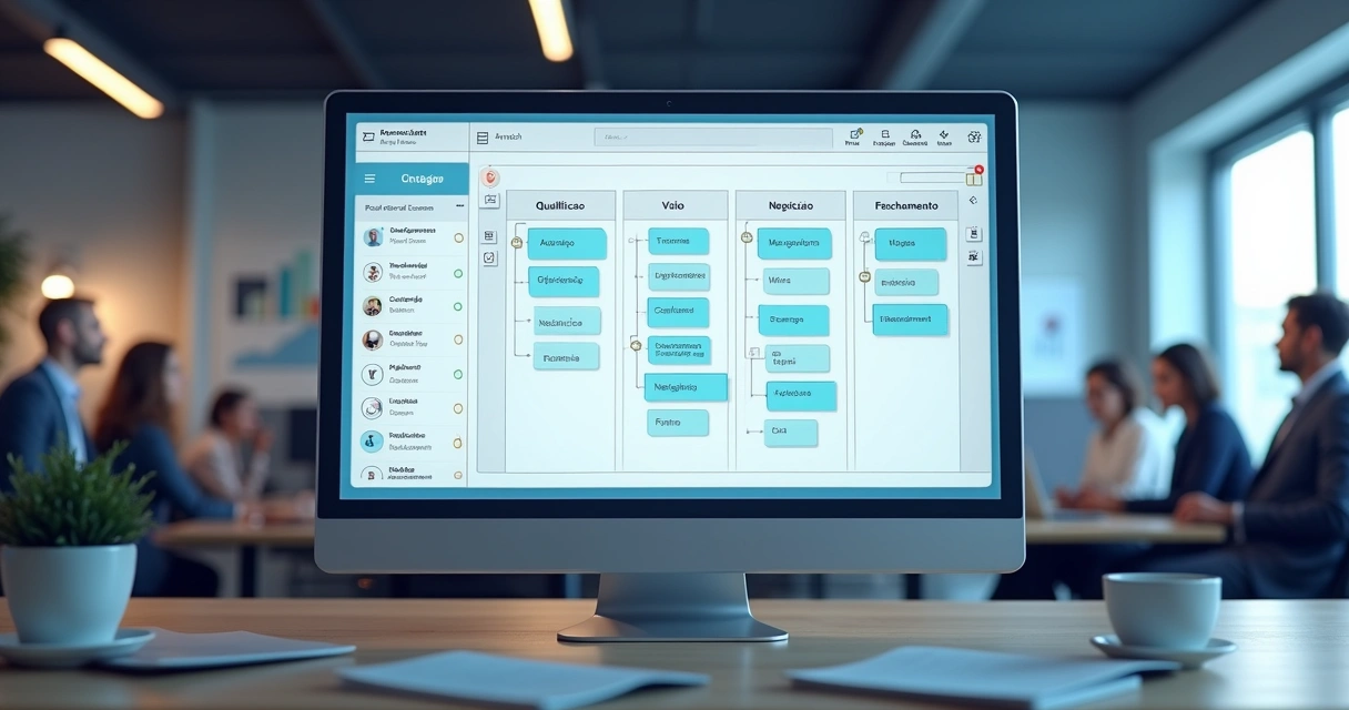 Quadro Kanban do CRM imobiliário dividido por etapas do funil 