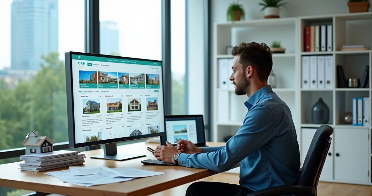 Corretor organizando anúncios de imóveis em painel digital com fotos e descrições centralizadas 