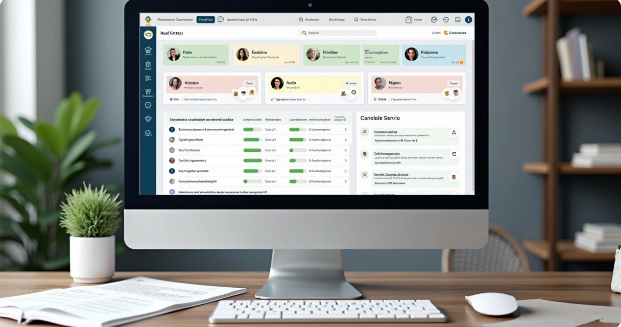 Painel de plataforma imobiliária com CRM mostrando contratos e dados organizados 