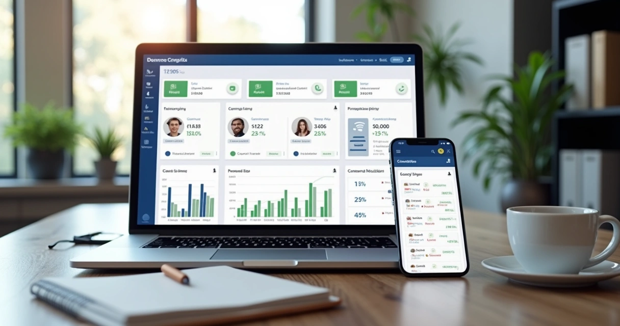 Painel de CRM imobiliário em notebook e celular 