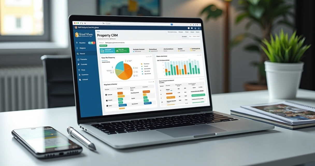 Painel de CRM imobiliário em notebook com gráficos e agenda