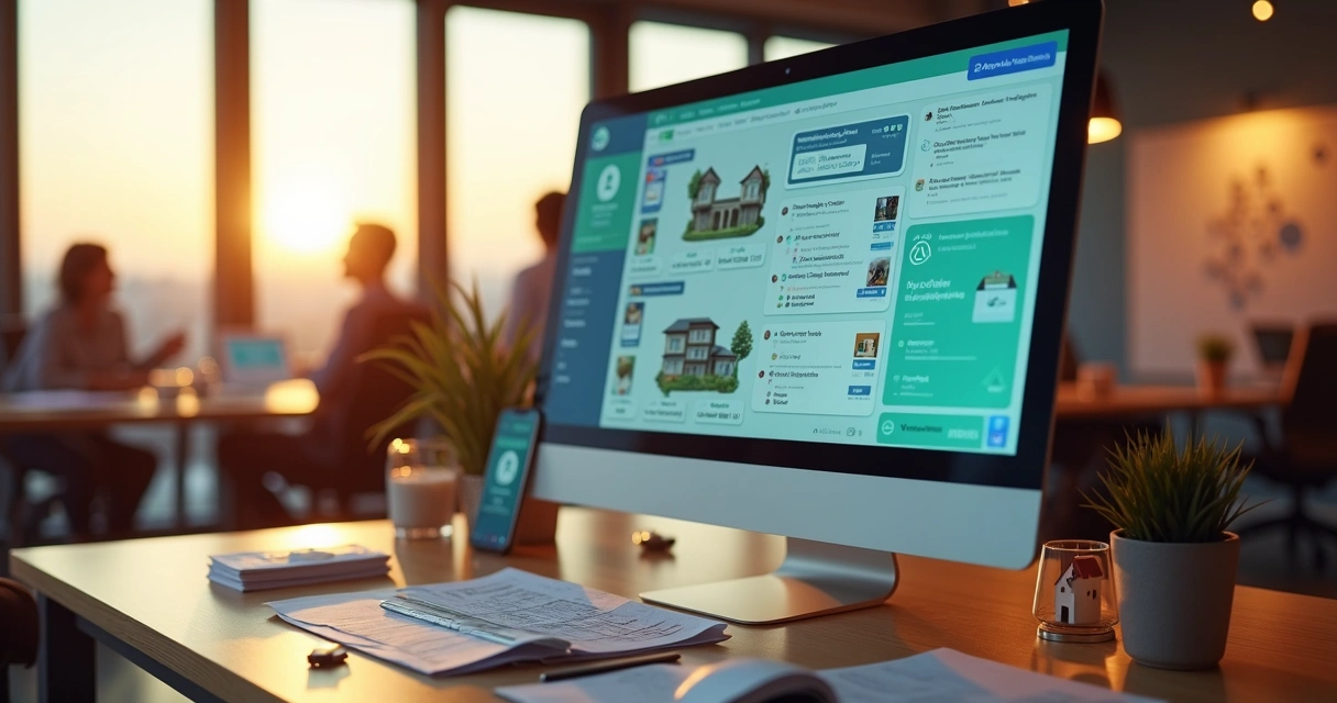 Tela de CRM imobiliário em destaque com funil de vendas estilo Kanban 