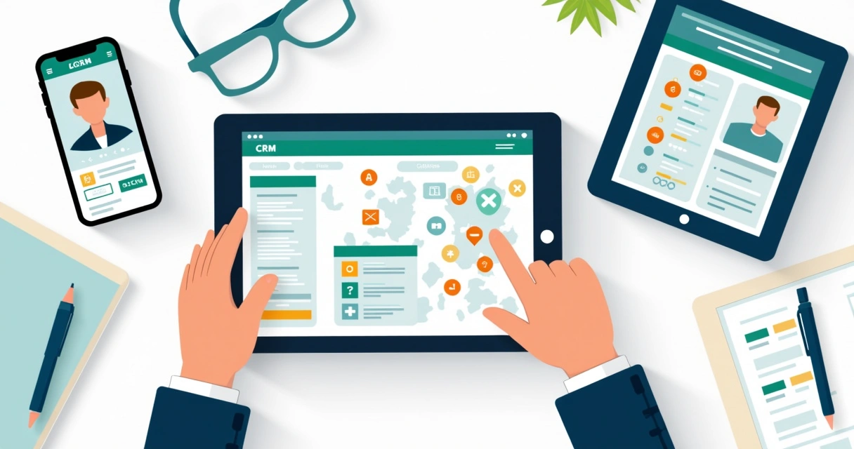 Tela de CRM imobiliário personalizada em um celular e tablet, com funil Kanban e alertas ativos 