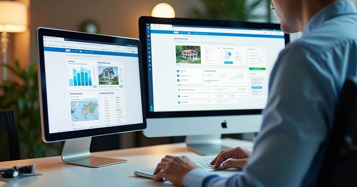 Computador exibindo interface de CRM imobiliário com gráficos e listas, mostrando recursos simples e avançados lado a lado 