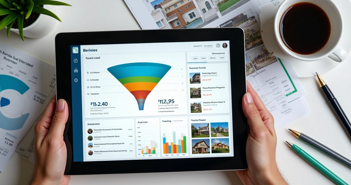 Painel de CRM imobiliário com funil de vendas e gráficos 