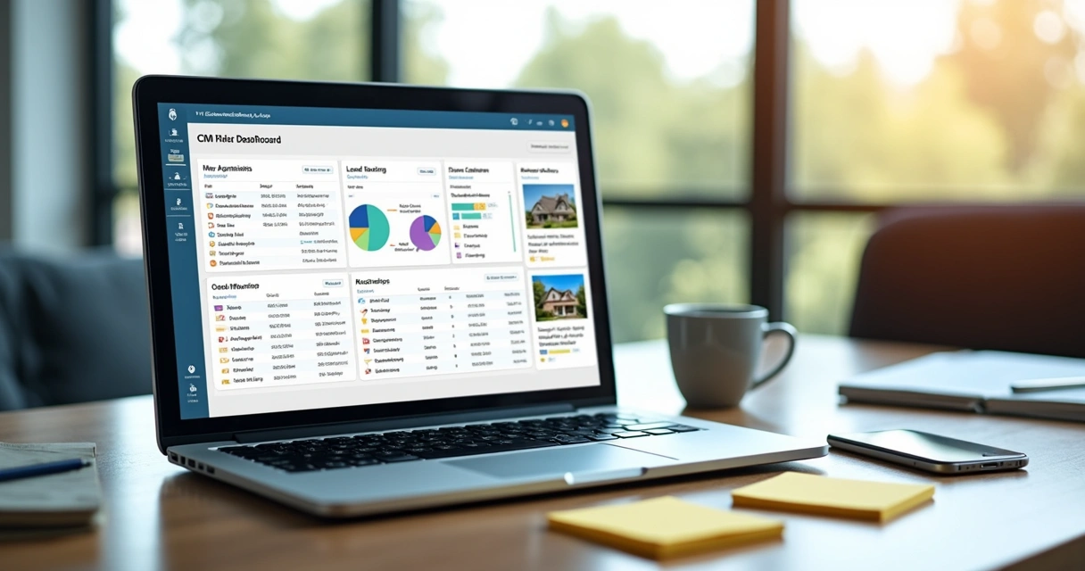 Dashboard de CRM imobiliário com tarefas e contatos 