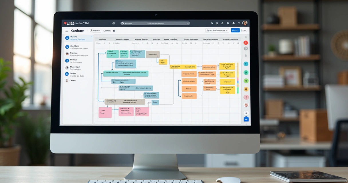 Tela de CRM imobiliário com funil kanban de vendas visível 