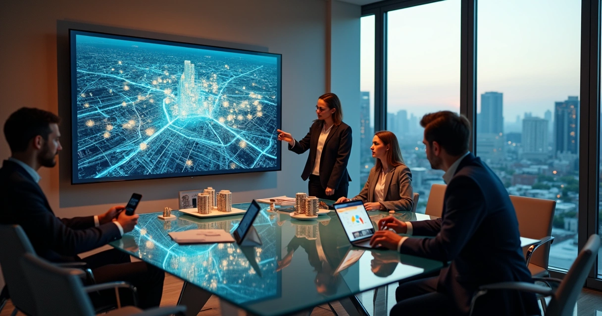 Equipe imobiliária colaborando com tela gigante exibindo mapa da cidade e imóveis conectados 