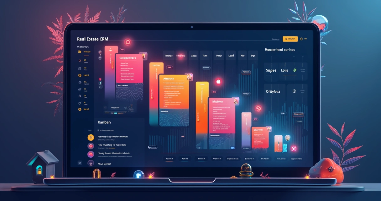 Tela de CRM imobiliário com funil de vendas kanban, leads distribuídos por etapas e integração WhatsApp 