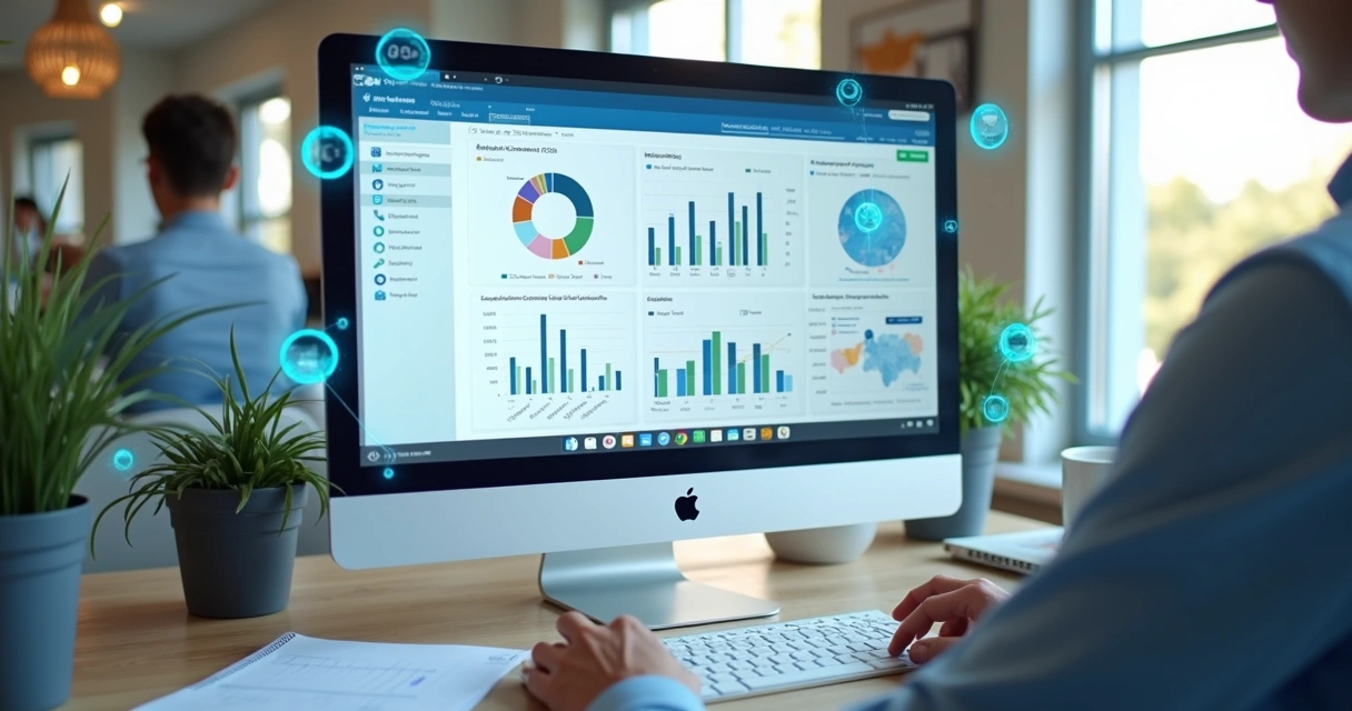 Tela de CRM aberta conectada a planilhas, telefones e mapas, ilustrando integração dos processos de prospecção B2B 