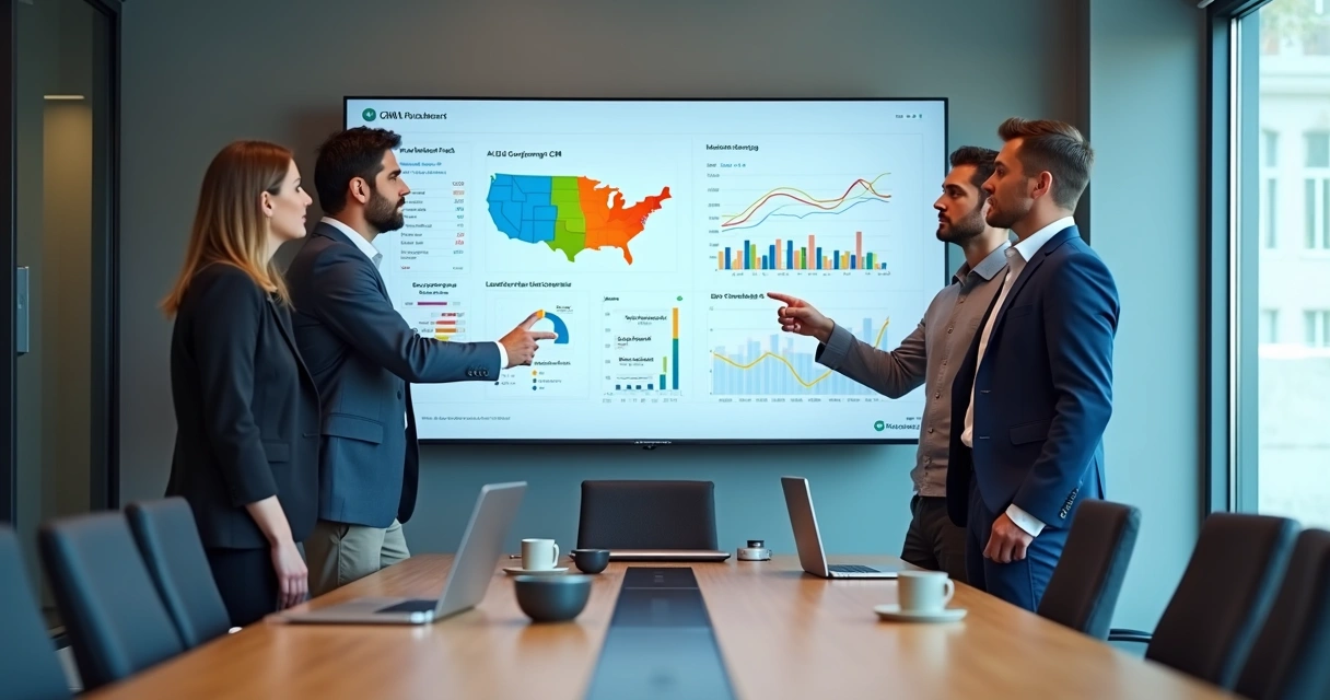 Equipe olhando para tela de dados CRM, gráficos e integrações de vendas IA 