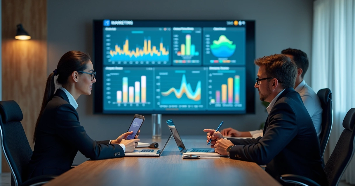 Time de marketing e vendas analisando dados integrados no CRM em tela grande 