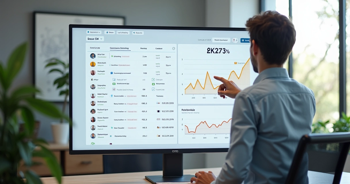 Tela de CRM mostrando históricos de leads e oportunidades em monitor grande, com pessoa apontando para gráfico de conversão 