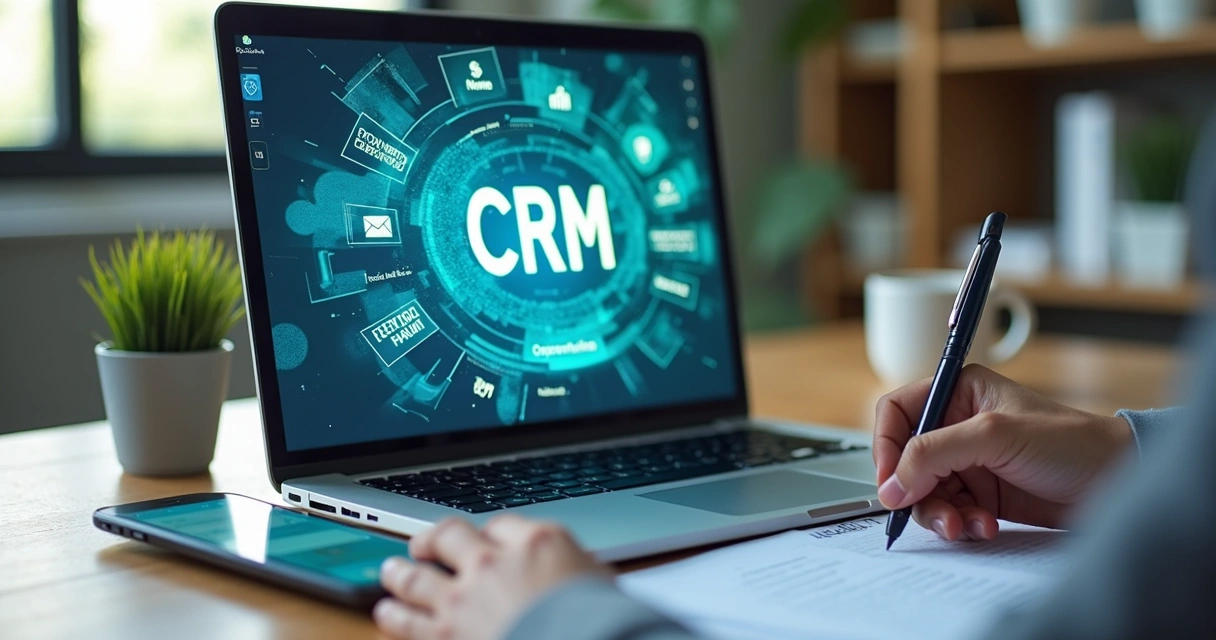 Tela de CRM aberta ao lado de smartphone mostrando integrações de vendas 