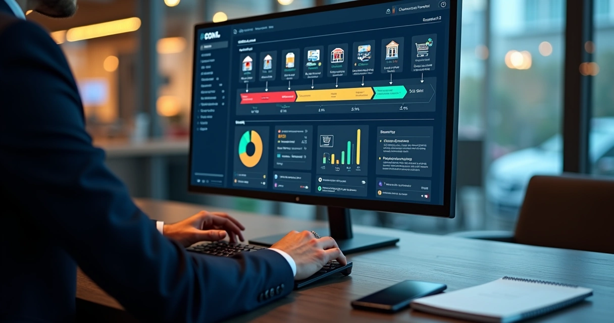 Painel de CRM com funil de vendas integrando loja física e e-commerce 