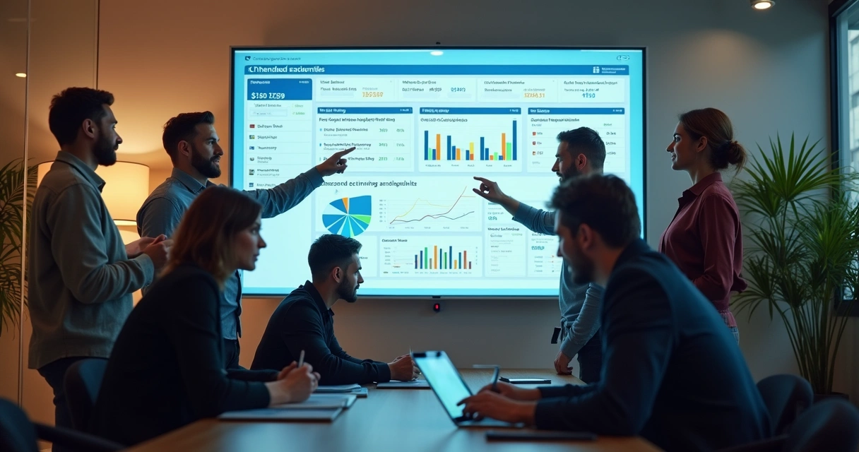 Guia de integrações para software de prospecção B2B na prática com CRM 6 Equipe comercial reunida diante de telas integradas com CRM e prospecção