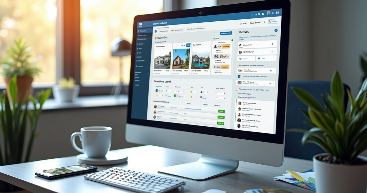 Tela de um CRM imobiliário mostrando imóveis, leads e contatos