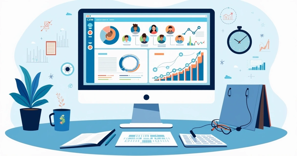 CRM visualizado em tela de computador com gráficos, avatares, chatbots e etapas do funil 