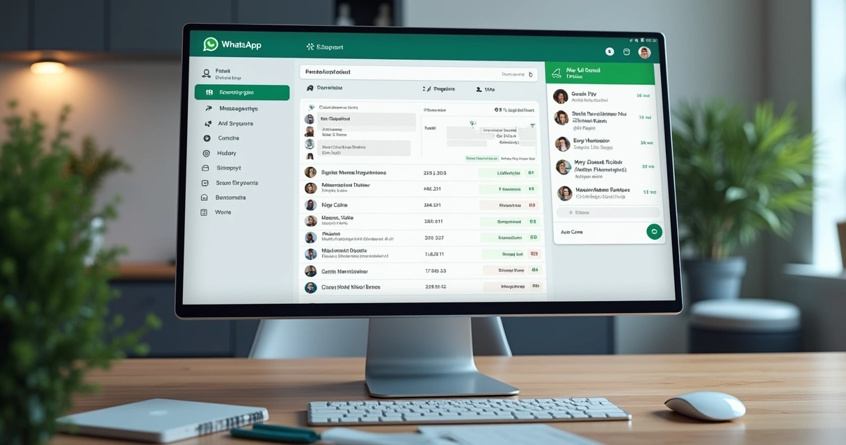 Interface de CRM odontológico integrando WhatsApp, computador exibindo dados de pacientes e conversas