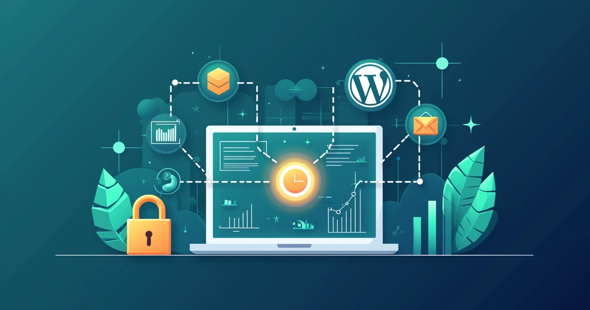 Illustration of a dashboard displaying WordPress and CRM icons connecting through data flows, with analytics charts and a secure lock symbol 