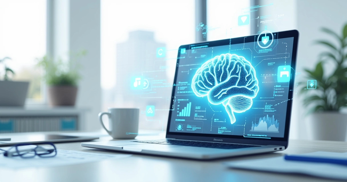 Integração de CRM e inteligência artificial em uma mesa de escritório digital 