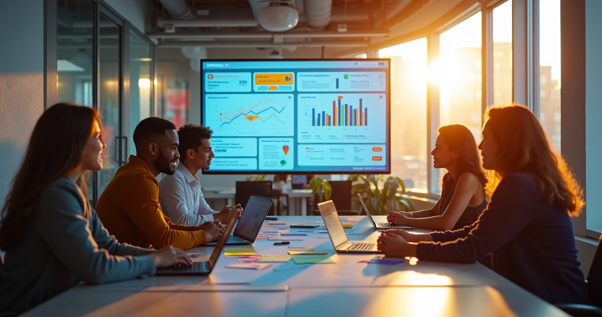 Tela de dashboard de CRM com gráficos coloridos e equipe de TI reunida olhando atenta 