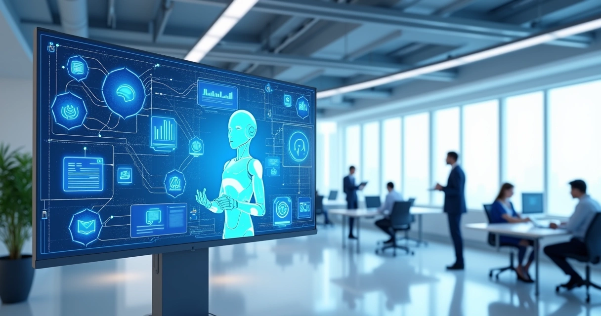 Representação de um bot atendendo clientes via chat integrado ao CRM em um ambiente corporativo 