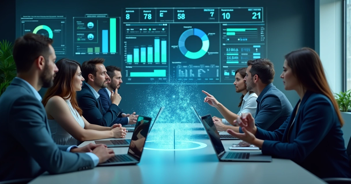 Equipe de vendas reunida com gráficos digitais no fundo 