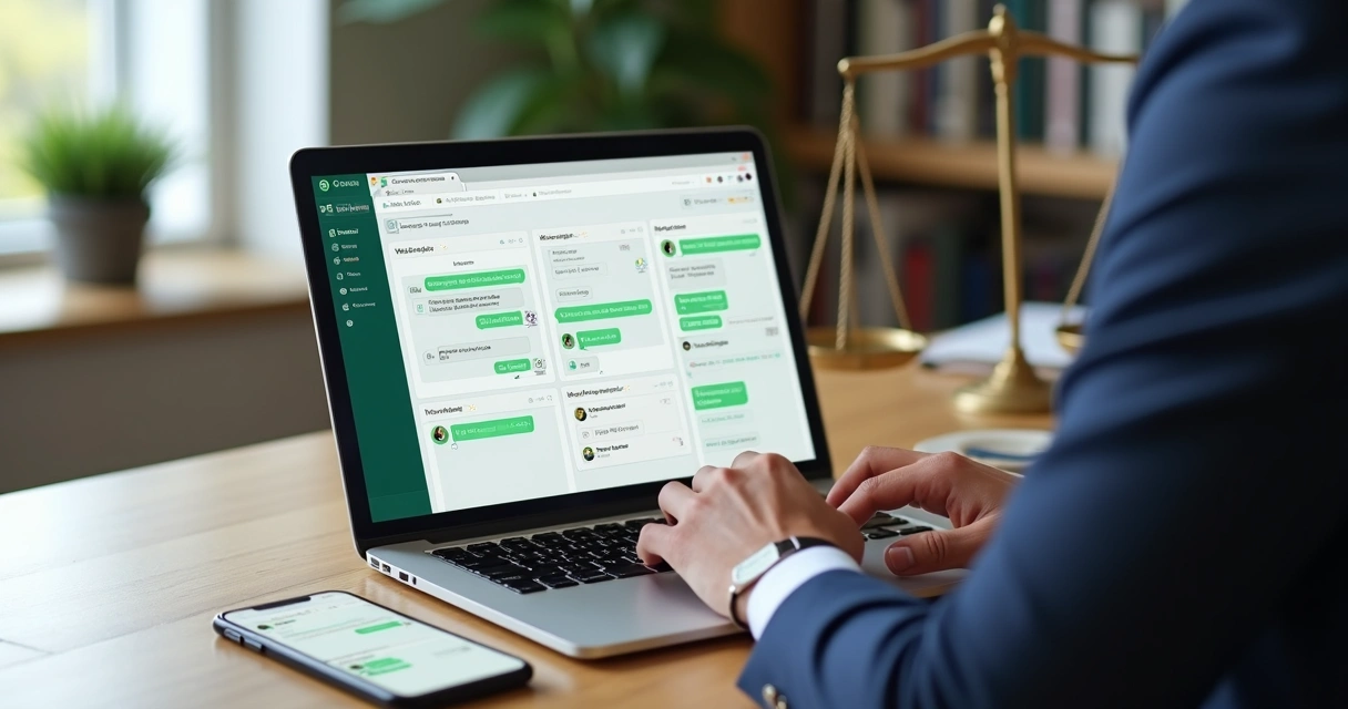 Advogado usando CRM jurídico integrado ao WhatsApp no notebook com tela cheia de conversas e funil de atendimento 