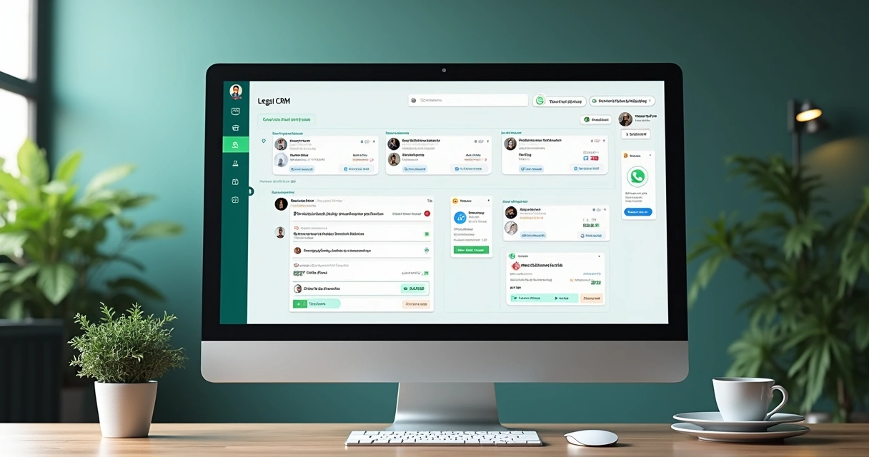 Painel de CRM jurídico integrado ao WhatsApp em tela de computador 